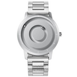 Silver magnetic watch with minimalist design and clean lines.