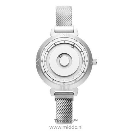 Women's silver magnetic watch with refined mesh band styling.
