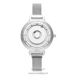 Women's silver magnetic watch with refined mesh band styling.
