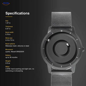 Specifications of the Magnetic Watch: 1.57 in dial, 0.47 in thick, 3 ATM water resistant