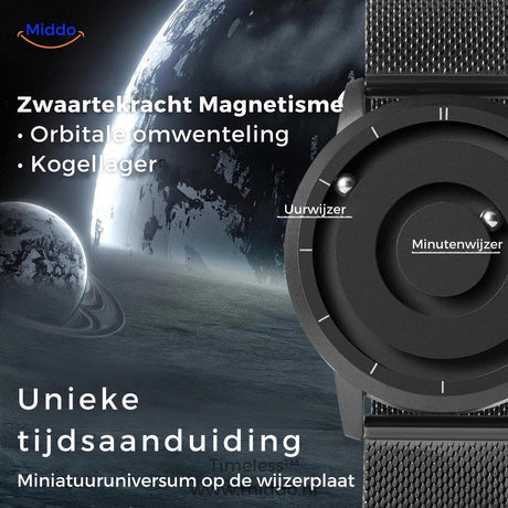 Magnetic watch with unique floating hands and stainless steel mesh band.