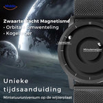 Magnetic watch with unique floating hands and stainless steel mesh band.