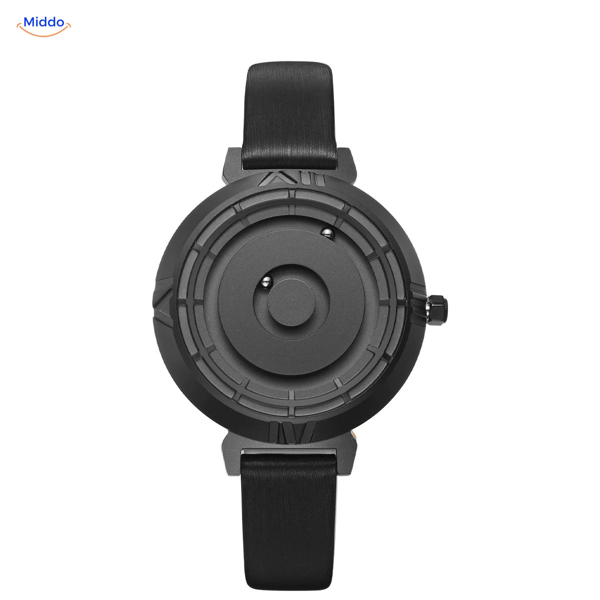 Women's Magnetic Watch in black with a black leather band