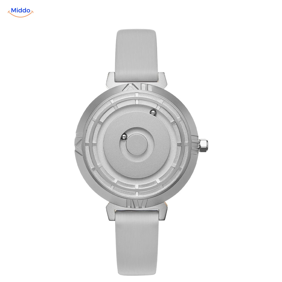Women's Magnetic Watch in silver with a grey leather band