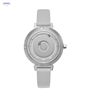 Women's Magnetic Watch in silver with a grey leather band