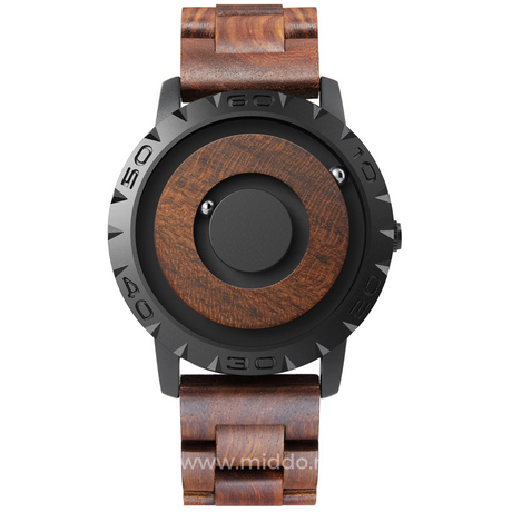 Magnetic watch with natural wooden band, eco-conscious design.