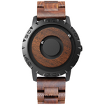 Magnetic watch with natural wooden band, eco-conscious design.