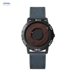 Magnetic Watch with a wooden dial and a blue leather band
