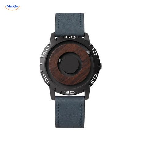 Magnetic Watch with a wooden dial and a blue leather band