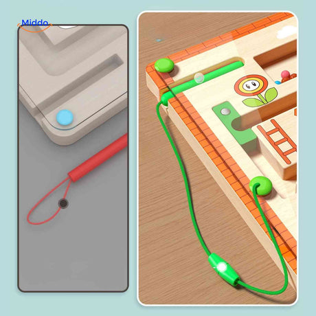 Magnetic wooden maze with magnetic pen and beads in use.