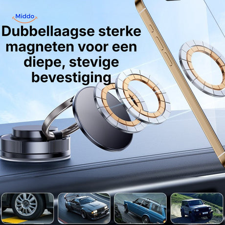 Magnevo phone holder with dual magnet layer for extra-strong and secure attachment.