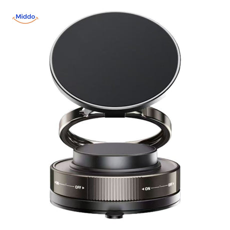 Sleek black magnetic phone stand with 360-degree rotation for flexible positioning.
