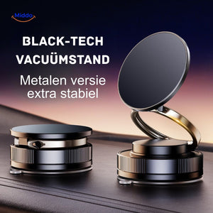 Extra-stable metal vacuum phone stand with secure magnetic attachment points.