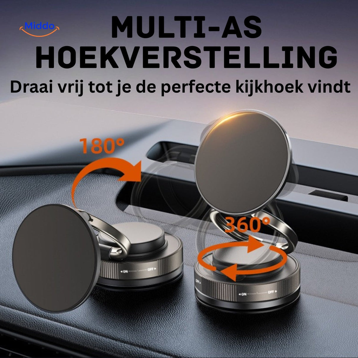 Dashboard phone holder with multi-axis angle adjustment for optimal viewing positions.