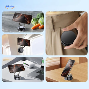 Versatile multi-use magnetic phone stand for office, car, and home entertainment setups.