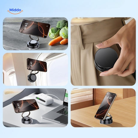Versatile multi-use magnetic phone stand for office, car, and home entertainment setups.