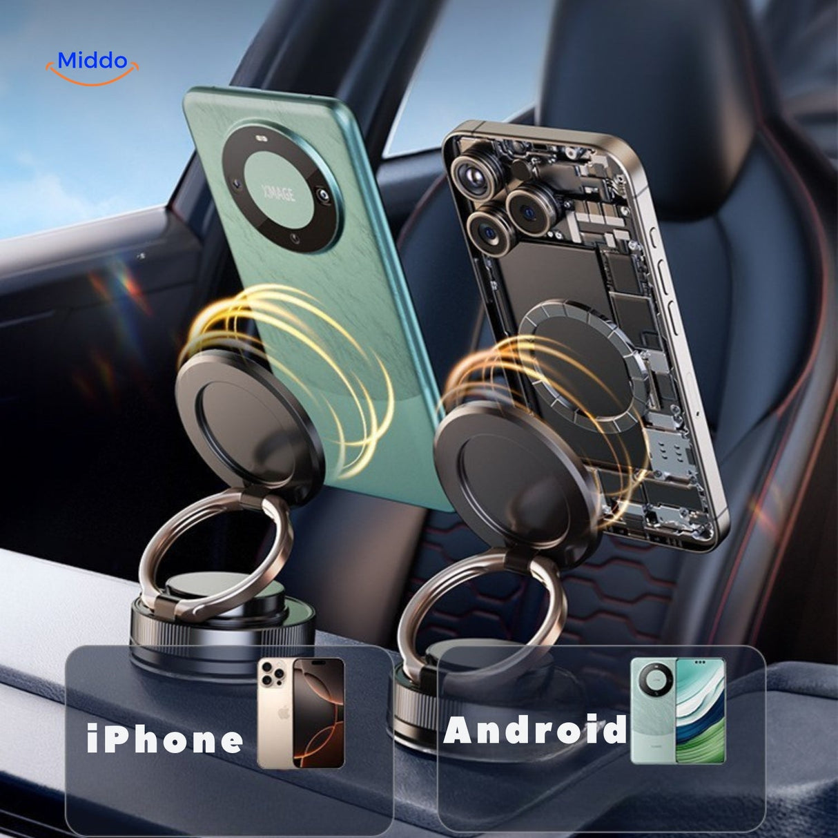Universal magnetic phone holder compatible with all iPhone and Android devices.