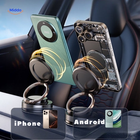 Universal magnetic phone holder compatible with all iPhone and Android devices.