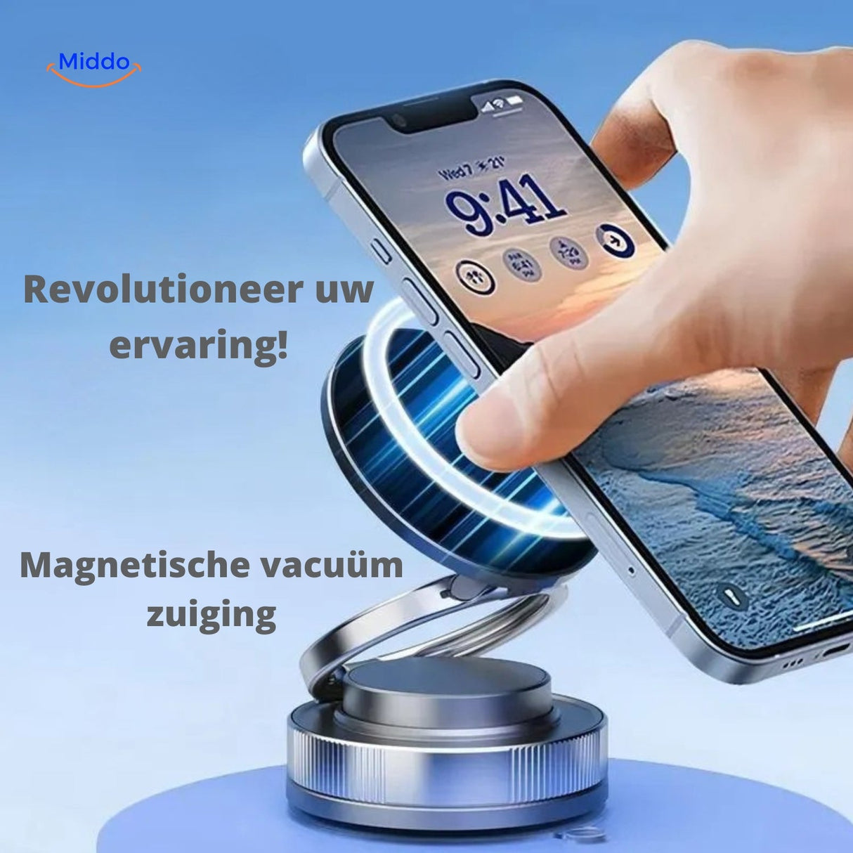 Magnevo phone holder with vacuum compression mounting for secure dashboard placement.