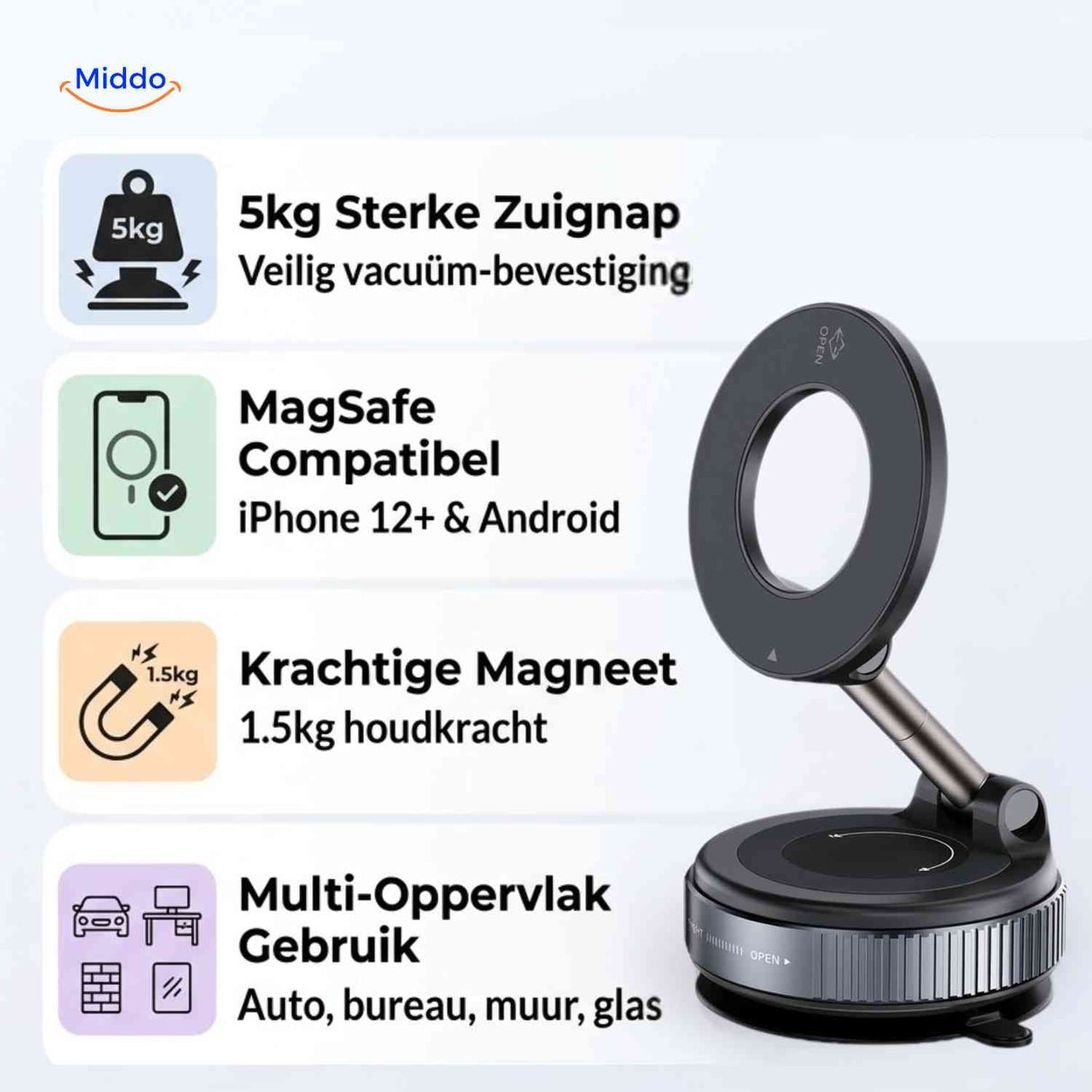 MagSafe phone holder with strong suction cup base attaching to multiple smooth surfaces in car or home