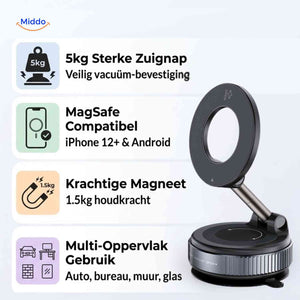 MagSafe phone holder with strong suction cup base attaching to multiple smooth surfaces in car or home