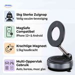 MagSafe phone holder with strong suction cup base attaching to multiple smooth surfaces in car or home