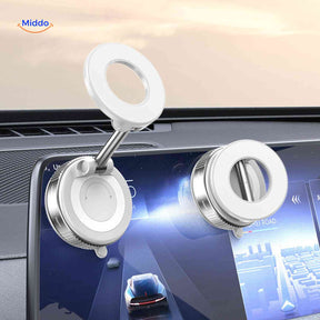 MagSafe magnetic phone holder mounted on car dashboard with ring adapter base