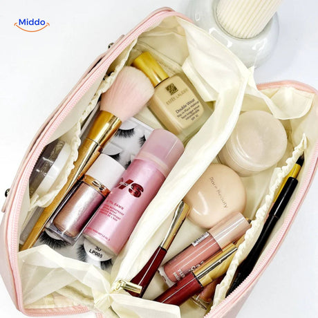Makeup travel pouch packed with hygiene and cosmetic items