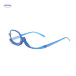 Classic black and blue rotating makeup reader glasses with single lens.