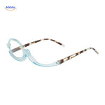 Transparent blue makeup reader glasses with leopard-print frame arms.