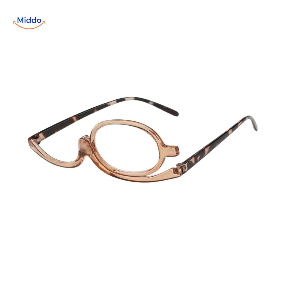 Transparent brown rotating makeup glasses with tortoiseshell-pattern frame arms.