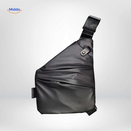 Matte black sling bag left side showing construction detail.