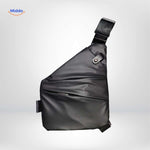 Matte black sling bag left side showing construction detail.