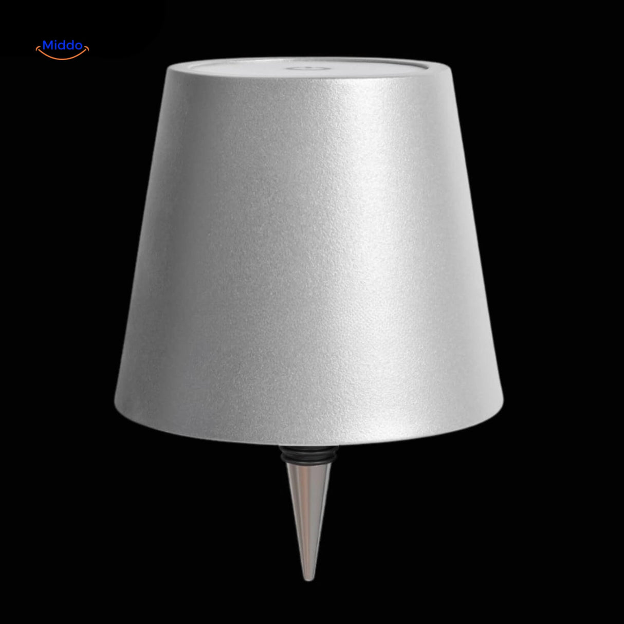 Matte silver finish rechargeable bottle lamp for contemporary decor.