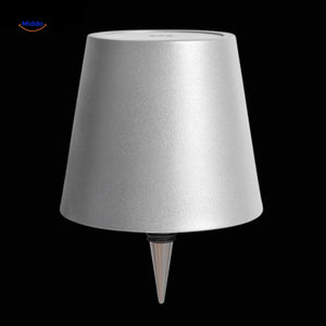Matte silver finish rechargeable bottle lamp for contemporary decor.