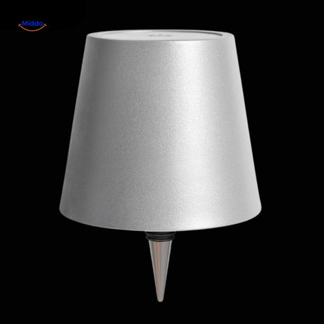 Matte silver finish rechargeable bottle lamp for contemporary decor.