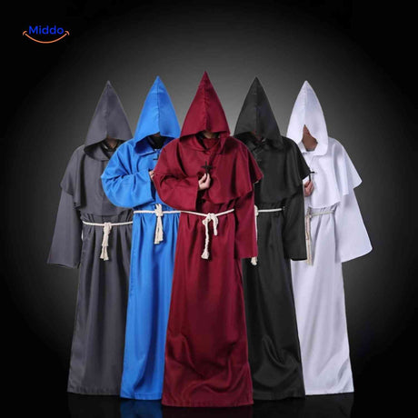Medieval hooded monk robe costume in brown fabric with authentic period details.