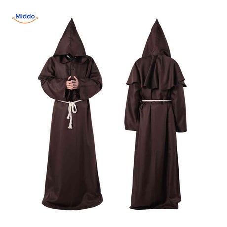 Medieval monk halloween costume featuring authentic period hooded robe.