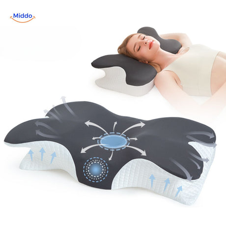 Ergonomic neck pillow with ventilation technology and cooling features
