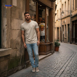 Men's breathable cotton t-shirt with smiley print in casual street fashion pose.