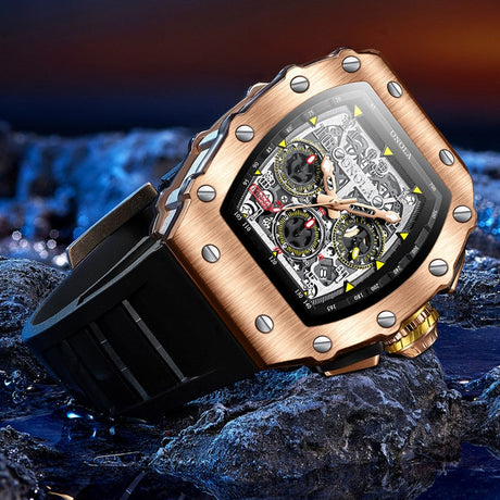Rose gold chronograph sport watch with black dial and bezel.