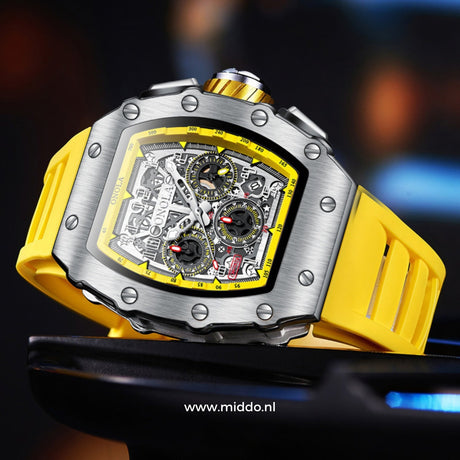Men's waterproof chronograph watch with yellow dial and silver case.