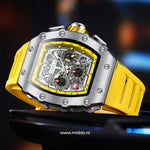 Men's waterproof chronograph watch with yellow dial and silver case.