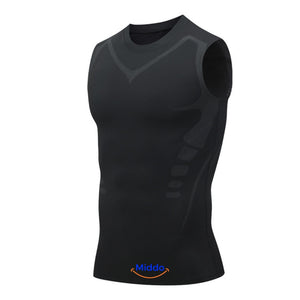 Men's black VitaBoost PowerVest compression vest enhancing posture and creating a leaner appearance.