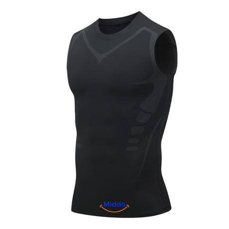 Men's black VitaBoost PowerVest compression vest enhancing posture and creating a leaner appearance.