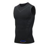 Men's black VitaBoost PowerVest compression vest enhancing posture and creating a leaner appearance.