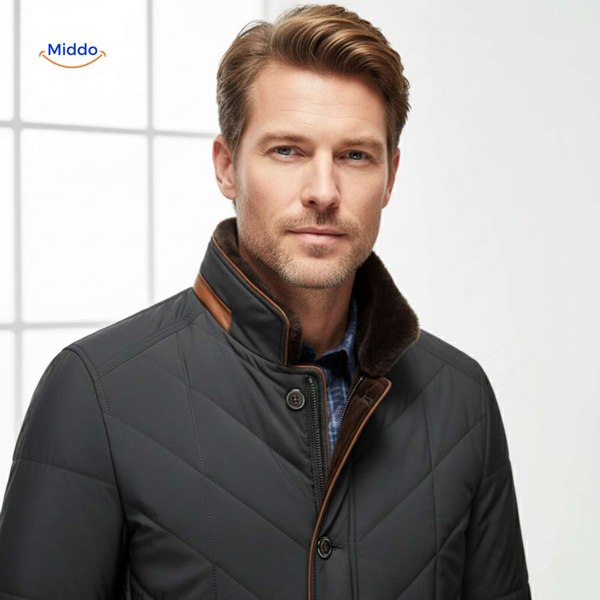 Quilted jacket in black with brown trim and soft collar finish.