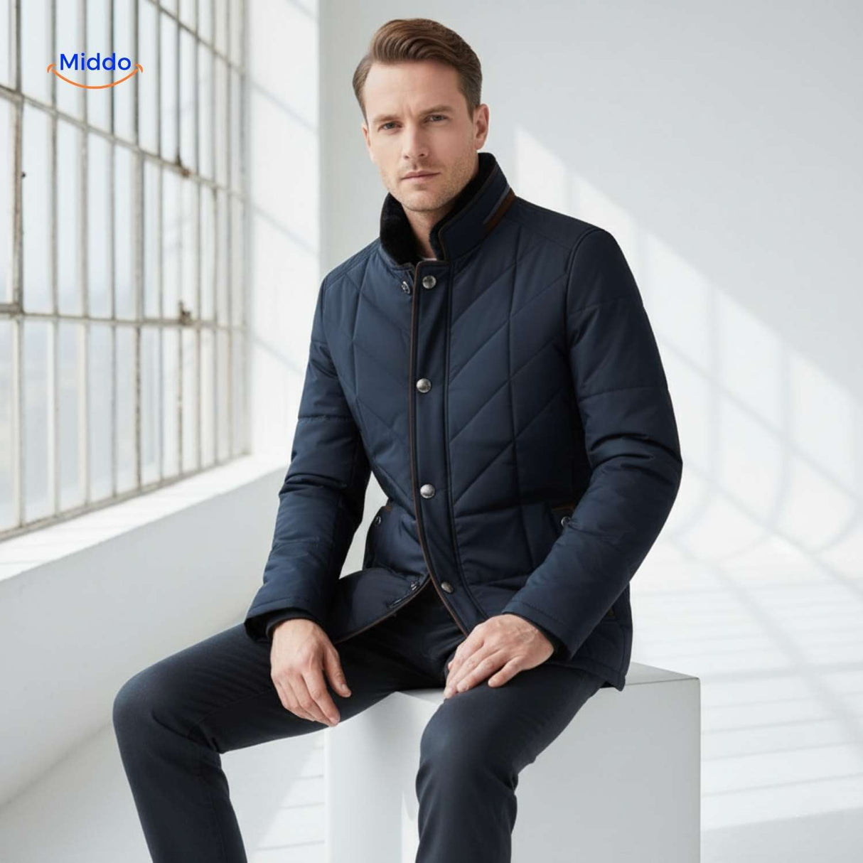 Man wearing quilted jacket seated indoors by window, showcasing fit and warmth.
