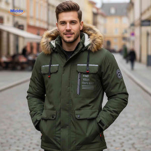 Olive green waterproof men's parka with fur collar and chest pockets.