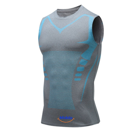 Grey and blue VitaBoost PowerVest compression vest featuring advanced posture support technology.